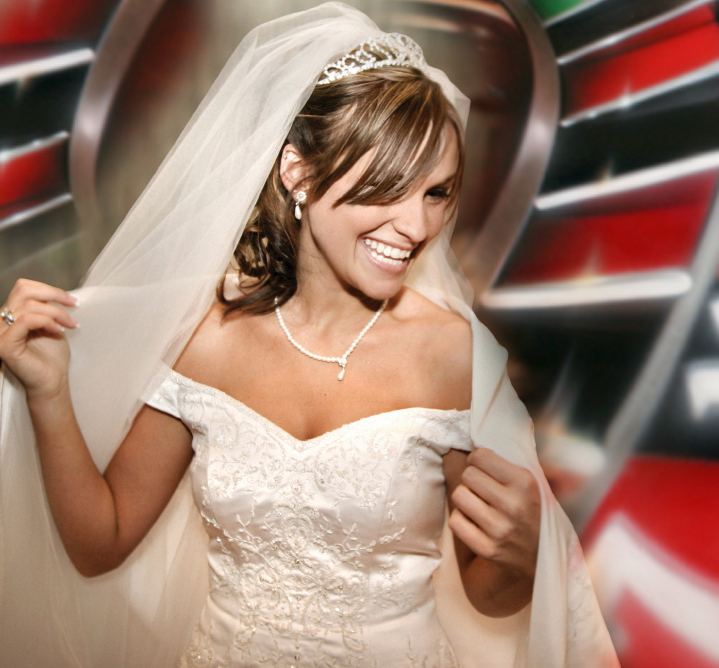 Bride laughing at her wedding casino tables